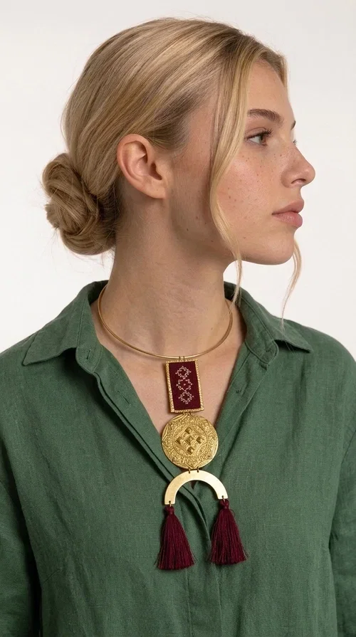 , A statement embroidered necklace that combines tradition with contemporary aesthetics — ideal for every woman who loves striking jewelry with character.

Designed by Greek Jewelry Designer Aikaterini Chalkiadaki, this handmade necklace is a harmonious composition of brass and fabric in a deep burgundy color. The embroidered rectangular piece with folklore-inspired geometric patterns sets the tone, while the round engraved metal piece and the semicircular base with burgundy tassels complete a composition rich in texture and detail. The necklace is worn on a gold-toned torque — clasp-free, lightweight and comfortable to wear.

Ideal for pairing with white linen or a monochrome outfit, it instantly adds character to both casual and evening looks. The geometric embroidery and tassels make it a distinctive piece — a true statement jewelry piece for the neck.