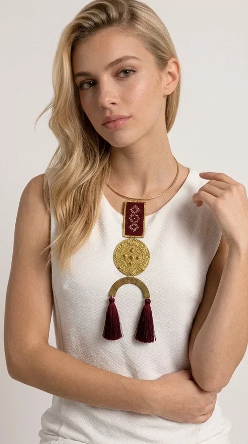 , A statement embroidered necklace that combines tradition with contemporary aesthetics — ideal for every woman who loves striking jewelry with character.

Designed by Greek Jewelry Designer Aikaterini Chalkiadaki, this handmade necklace is a harmonious composition of brass and fabric in a deep burgundy color. The embroidered rectangular piece with folklore-inspired geometric patterns sets the tone, while the round engraved metal piece and the semicircular base with burgundy tassels complete a composition rich in texture and detail. The necklace is worn on a gold-toned torque — clasp-free, lightweight and comfortable to wear.

Ideal for pairing with white linen or a monochrome outfit, it instantly adds character to both casual and evening looks. The geometric embroidery and tassels make it a distinctive piece — a true statement jewelry piece for the neck.