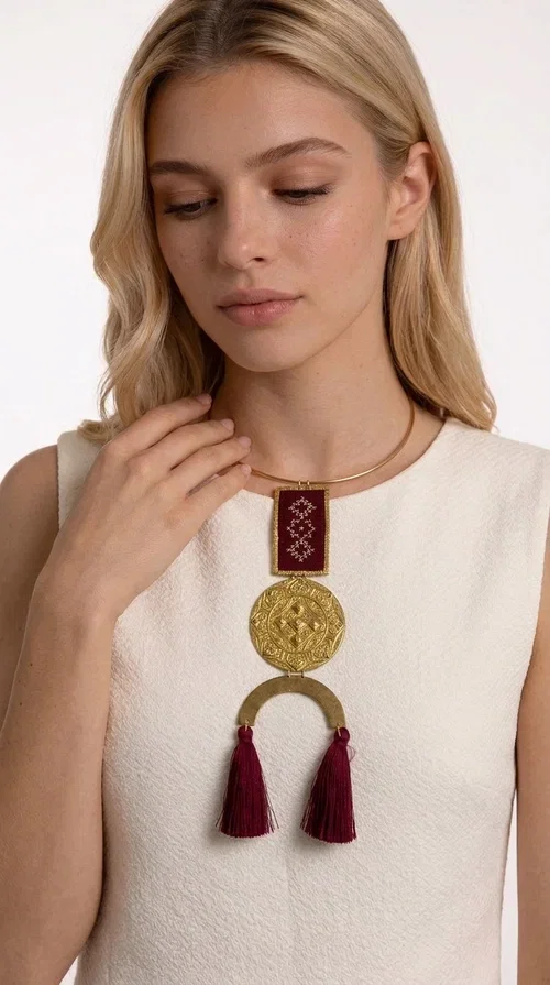 , A statement embroidered necklace that combines tradition with contemporary aesthetics — ideal for every woman who loves striking jewelry with character.

Designed by Greek Jewelry Designer Aikaterini Chalkiadaki, this handmade necklace is a harmonious composition of brass and fabric in a deep burgundy color. The embroidered rectangular piece with folklore-inspired geometric patterns sets the tone, while the round engraved metal piece and the semicircular base with burgundy tassels complete a composition rich in texture and detail. The necklace is worn on a gold-toned torque — clasp-free, lightweight and comfortable to wear.

Ideal for pairing with white linen or a monochrome outfit, it instantly adds character to both casual and evening looks. The geometric embroidery and tassels make it a distinctive piece — a true statement jewelry piece for the neck.