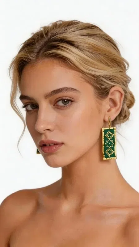 , Stand out with these striking statement earrings that combine the traditional art of embroidery with modern design. Designed by Greek Jewelry Designer Aikaterini Chalkiadaki, these unique embroidered earrings in a vivid green color are the perfect choice for any distinctive look. The rectangular earrings are adorned with geometric motifs embroidered with gold thread, creating a refined color combination that suits both casual and formal looks. The handmade construction ensures the uniqueness of each piece, while their light weight makes them particularly comfortable to wear. Material: Brass, Fabric. To preserve the colors and quality, store the earrings in a dry place and avoid contact with moisture and chemicals.
