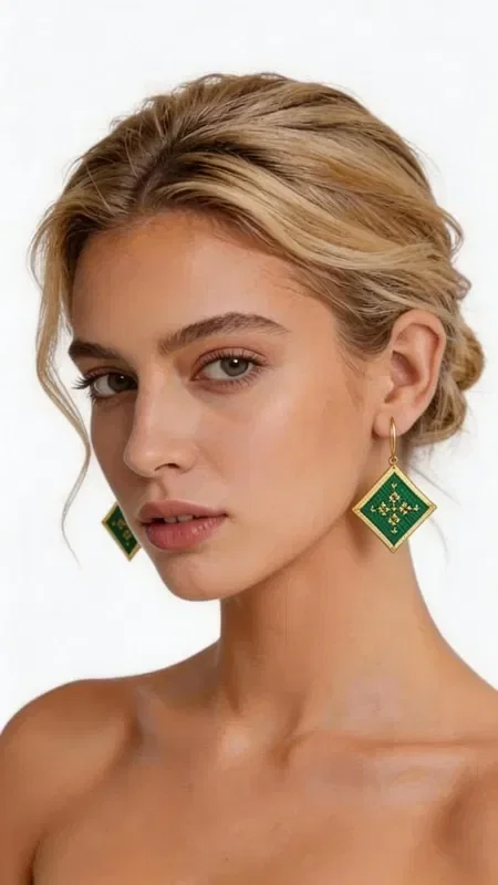 , These striking embroidered statement earrings with a geometric design will become the ultimate accessory for every look. Their square shape in a green shade with golden details creates a unique aesthetic that combines modern style with the traditional art of embroidery.

Designed by Greek Jewelry Designer Aikaterini Chalkiadaki, these handmade earrings stand out for the exceptional quality of the gold thread and the contemporary interpretation of geometric motifs. The green color adds freshness and vibrancy, while the golden details highlight the elegance of the design.

These dangle earrings are ideal for evening outings, special occasions, or whenever you want to add a touch of style to your everyday look. Their unique shape and color scheme make them completely versatile, pairing perfectly with monochrome outfits and adding an impressive character.

Material: Brass, Fabric

Care for your earrings by storing them in a dry place and gently cleaning them with a soft cloth.