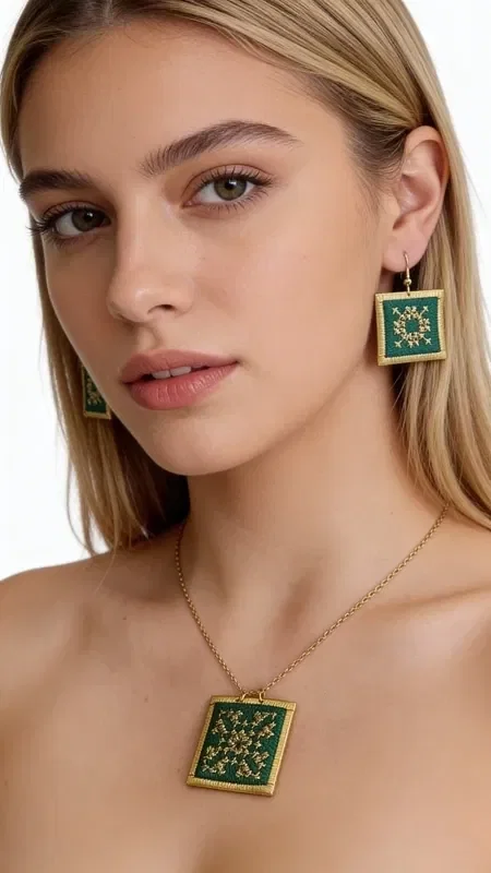 , Striking statement earrings embroidered with gold thread that combine the unique aesthetic of Greek folklore with modern elegance. These handmade jewelry pieces, designed by Greek Jewelry Designer Aikaterini Chalkiadaki, feature an enchanting square shape in vivid green with gold embroidery forming geometric patterns.

The embroidered earrings feature detailed craftsmanship with gold thread creating refined designs on a green base. The embroidered fabric is surrounded by a gold frame that gives it a luxurious look, while their size makes them ideal for statement looks. They are perfect for wedding events, special occasions, or whenever you want to add an impressive touch to your everyday style.

Take care of your embroidered earrings by avoiding contact with water and storing them in a dry place to preserve their beauty.