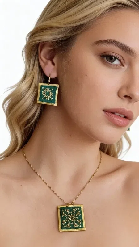 , Striking statement earrings embroidered with gold thread that combine the unique aesthetic of Greek folklore with modern elegance. These handmade jewelry pieces, designed by Greek Jewelry Designer Aikaterini Chalkiadaki, feature an enchanting square shape in vivid green with gold embroidery forming geometric patterns.

The embroidered earrings feature detailed craftsmanship with gold thread creating refined designs on a green base. The embroidered fabric is surrounded by a gold frame that gives it a luxurious look, while their size makes them ideal for statement looks. They are perfect for wedding events, special occasions, or whenever you want to add an impressive touch to your everyday style.

Take care of your embroidered earrings by avoiding contact with water and storing them in a dry place to preserve their beauty.