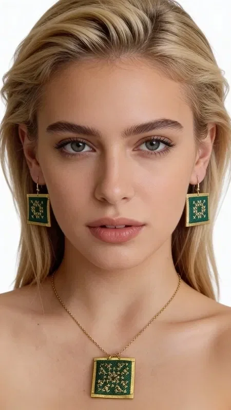 , Striking statement earrings embroidered with gold thread that combine the unique aesthetic of Greek folklore with modern elegance. These handmade jewelry pieces, designed by Greek Jewelry Designer Aikaterini Chalkiadaki, feature an enchanting square shape in vivid green with gold embroidery forming geometric patterns.

The embroidered earrings feature detailed craftsmanship with gold thread creating refined designs on a green base. The embroidered fabric is surrounded by a gold frame that gives it a luxurious look, while their size makes them ideal for statement looks. They are perfect for wedding events, special occasions, or whenever you want to add an impressive touch to your everyday style.

Take care of your embroidered earrings by avoiding contact with water and storing them in a dry place to preserve their beauty.