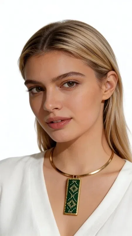 , Discover the perfect balance between traditional craftsmanship and contemporary style with this striking embroidered necklace in shades of green. Designed by Greek Jewelry Designer Aikaterini Chalkiadaki, this handmade piece combines geometric patterns with gold thread for a unique, standout result. The distinctive embroidery technique on canvas (etamine) creates a refined blend of green tones that shimmer thanks to the gold thread. The necklace is completed with brass, adding a vintage touch and ensuring durability. Its statement design makes it ideal for special occasions as well as everyday wear, whenever you want to add color and style to your look. Material: Brass, Fabric. Pair it with other pieces from the same collection for a complete look. Store it in a dry place away from direct sunlight to preserve its colors.