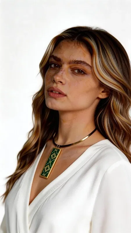 , Discover the perfect balance between traditional craftsmanship and contemporary style with this striking embroidered necklace in shades of green. Designed by Greek Jewelry Designer Aikaterini Chalkiadaki, this handmade piece combines geometric patterns with gold thread for a unique, standout result. The distinctive embroidery technique on canvas (etamine) creates a refined blend of green tones that shimmer thanks to the gold thread. The necklace is completed with brass, adding a vintage touch and ensuring durability. Its statement design makes it ideal for special occasions as well as everyday wear, whenever you want to add color and style to your look. Material: Brass, Fabric. Pair it with other pieces from the same collection for a complete look. Store it in a dry place away from direct sunlight to preserve its colors.