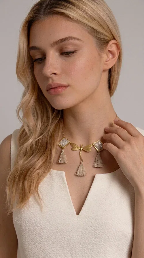 , The statement embroidered ivory necklace with geometric designs is a handmade piece that combines the traditional art of embroidery with a modern aesthetic, creating a result that instantly catches the eye. Designed by Greek Jewelry Designer Aikaterini Chalkiadaki, it is a tribute to folk art and Greek craftsmanship.

The necklace features gold-toned geometric brass elements in a diamond shape, adorned with delicate embroidered motifs in an ivory hue, evoking the rich aesthetic vocabulary of folklore. Among them, a gold metallic dragonfly-shaped element adds grace and movement to the piece. Three fabric tassels in an ivory-beige shade hang elegantly, giving depth and motion to the jewelry.

Ideal for summer outfits, boho and ethnic looks, as well as for elevating a simple dress or blouse. It pairs perfectly with linen clothing, maxi dresses, or casual summer looks.