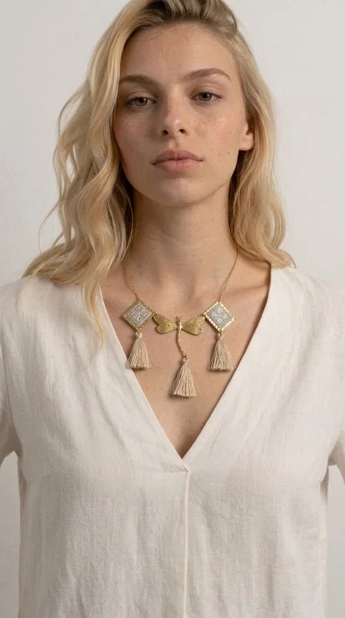 , The statement embroidered ivory necklace with geometric designs is a handmade piece that combines the traditional art of embroidery with a modern aesthetic, creating a result that instantly catches the eye. Designed by Greek Jewelry Designer Aikaterini Chalkiadaki, it is a tribute to folk art and Greek craftsmanship.

The necklace features gold-toned geometric brass elements in a diamond shape, adorned with delicate embroidered motifs in an ivory hue, evoking the rich aesthetic vocabulary of folklore. Among them, a gold metallic dragonfly-shaped element adds grace and movement to the piece. Three fabric tassels in an ivory-beige shade hang elegantly, giving depth and motion to the jewelry.

Ideal for summer outfits, boho and ethnic looks, as well as for elevating a simple dress or blouse. It pairs perfectly with linen clothing, maxi dresses, or casual summer looks.