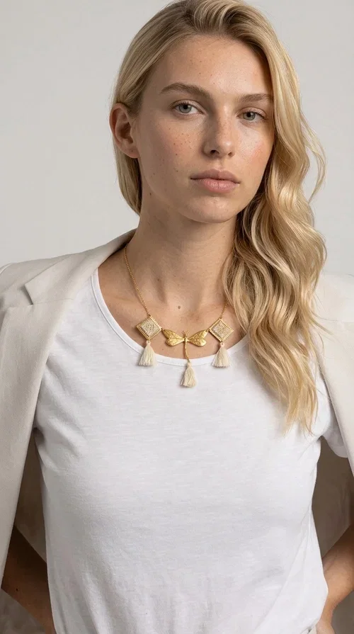 , An embroidered necklace that blends folk aesthetics with modern elegance — the Statement necklace KOL-4771 is the ideal choice for those seeking jewelry with character and warmth.

Designed by Greek Jewelry Designer Aikaterini Chalkiadaki, this necklace is a handmade work of art inspired by Greek folklore aesthetics. Made of brass and fabric, it features geometric embroidered motifs in gold tones alternating with a central butterfly motif, while four ivory fabric tassels add movement and boho-chic flair. The ivory and gold palette creates a timelessly elegant combination, suitable for every season.

Wear it with a white linen shirt or a simple dress to fully showcase its beauty. Ideal for summer looks, weddings, christenings, or even for everyday outings that call for something special.