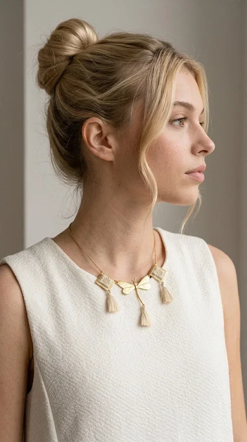 , An embroidered necklace that blends folk aesthetics with modern elegance — the Statement necklace KOL-4771 is the ideal choice for those seeking jewelry with character and warmth.

Designed by Greek Jewelry Designer Aikaterini Chalkiadaki, this necklace is a handmade work of art inspired by Greek folklore aesthetics. Made of brass and fabric, it features geometric embroidered motifs in gold tones alternating with a central butterfly motif, while four ivory fabric tassels add movement and boho-chic flair. The ivory and gold palette creates a timelessly elegant combination, suitable for every season.

Wear it with a white linen shirt or a simple dress to fully showcase its beauty. Ideal for summer looks, weddings, christenings, or even for everyday outings that call for something special.