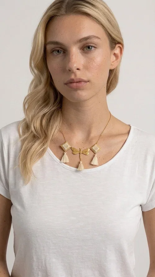 , An embroidered necklace that blends folk aesthetics with modern elegance — the Statement necklace KOL-4771 is the ideal choice for those seeking jewelry with character and warmth.

Designed by Greek Jewelry Designer Aikaterini Chalkiadaki, this necklace is a handmade work of art inspired by Greek folklore aesthetics. Made of brass and fabric, it features geometric embroidered motifs in gold tones alternating with a central butterfly motif, while four ivory fabric tassels add movement and boho-chic flair. The ivory and gold palette creates a timelessly elegant combination, suitable for every season.

Wear it with a white linen shirt or a simple dress to fully showcase its beauty. Ideal for summer looks, weddings, christenings, or even for everyday outings that call for something special.