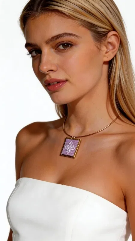 , Discover the elegance of handmade craftsmanship with this striking embroidered necklace in a lilac shade, combining traditional artistry with contemporary design. Designed by Greek Jewelry Designer Aikaterini Chalkiadaki, this piece is a unique expression of Greek craftsmanship and artistic sensibility.

The statement necklace is adorned with geometric motifs embroidered with gold thread, creating a rich blend of colors and textures. The square embroidered element serves as the centerpiece of the design, while the brass chain adds a modern touch to the traditional handcrafted style.

Ideal for completing both casual and formal outfits, the necklace offers versatile styling options and can be worn alone or layered with other pieces. Its lilac hue pairs beautifully with light-colored garments and creates striking contrasts against darker palettes.

Material: Brass, Fabric
Care: Store in a dry place and avoid contact with water and perfumes to preserve the colors of the embroidery.