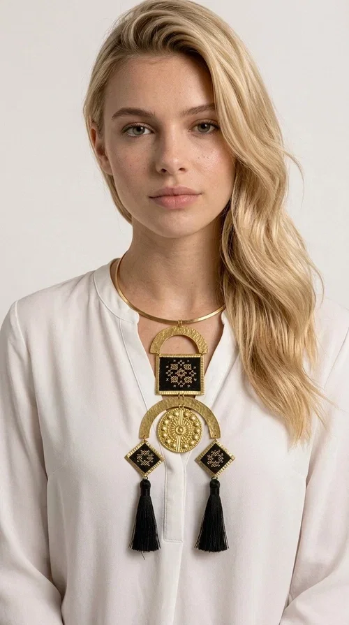 , A statement embroidered necklace that instantly catches the eye — featuring a bold geometric aesthetic, golden details and black tassels that sway gracefully with every step. Designed by Greek Jewelry Designer Aikaterini Chalkiadaki, this handmade necklace blends folklore inspiration with modern sophistication, creating a piece of jewelry that stands out at first glance.

The necklace features a rigid gold-toned brass collar from which geometric elements hang: semicircles, squares and diamond shapes with embroidered patterns on black fabric and gold details. Three black tassels complete the composition, adding movement and depth. The choice of materials — brass and fabric — makes it lightweight despite its impressive size.

Ideal for elevating a simple dress, a monochrome outfit, or even a business casual look. It suits both casual and formal occasions, from everyday wear to evening outings.