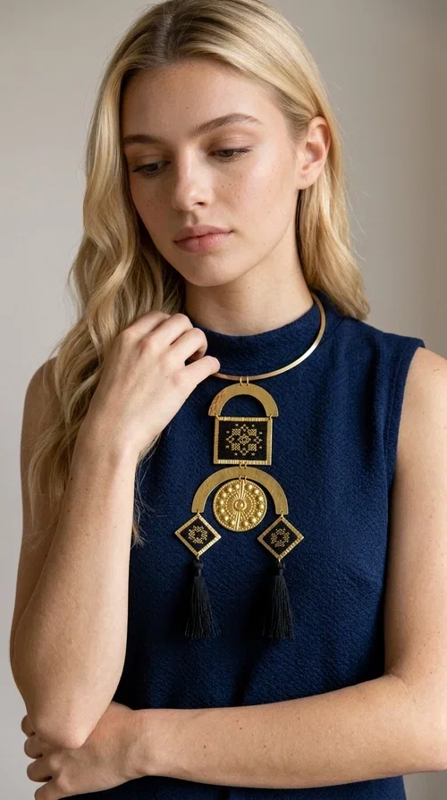 , A statement embroidered necklace that instantly catches the eye — featuring a bold geometric aesthetic, golden details and black tassels that sway gracefully with every step. Designed by Greek Jewelry Designer Aikaterini Chalkiadaki, this handmade necklace blends folklore inspiration with modern sophistication, creating a piece of jewelry that stands out at first glance.

The necklace features a rigid gold-toned brass collar from which geometric elements hang: semicircles, squares and diamond shapes with embroidered patterns on black fabric and gold details. Three black tassels complete the composition, adding movement and depth. The choice of materials — brass and fabric — makes it lightweight despite its impressive size.

Ideal for elevating a simple dress, a monochrome outfit, or even a business casual look. It suits both casual and formal occasions, from everyday wear to evening outings.
