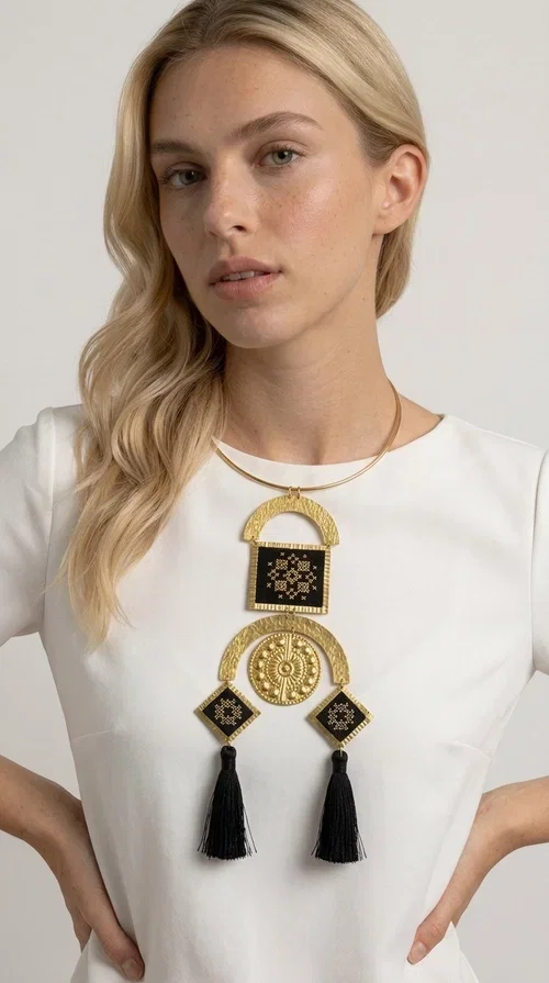 , A statement embroidered necklace that instantly catches the eye — featuring a bold geometric aesthetic, golden details and black tassels that sway gracefully with every step. Designed by Greek Jewelry Designer Aikaterini Chalkiadaki, this handmade necklace blends folklore inspiration with modern sophistication, creating a piece of jewelry that stands out at first glance.

The necklace features a rigid gold-toned brass collar from which geometric elements hang: semicircles, squares and diamond shapes with embroidered patterns on black fabric and gold details. Three black tassels complete the composition, adding movement and depth. The choice of materials — brass and fabric — makes it lightweight despite its impressive size.

Ideal for elevating a simple dress, a monochrome outfit, or even a business casual look. It suits both casual and formal occasions, from everyday wear to evening outings.