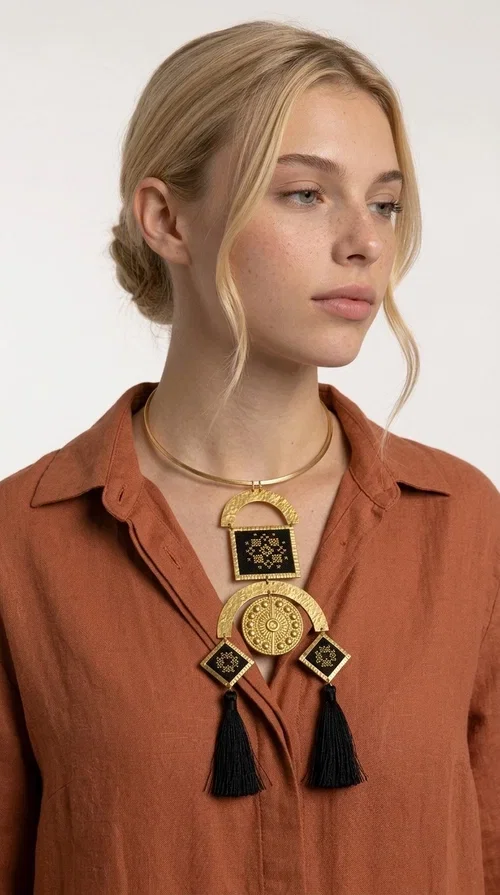 , A statement embroidered necklace that instantly catches the eye — featuring a bold geometric aesthetic, golden details and black tassels that sway gracefully with every step. Designed by Greek Jewelry Designer Aikaterini Chalkiadaki, this handmade necklace blends folklore inspiration with modern sophistication, creating a piece of jewelry that stands out at first glance.

The necklace features a rigid gold-toned brass collar from which geometric elements hang: semicircles, squares and diamond shapes with embroidered patterns on black fabric and gold details. Three black tassels complete the composition, adding movement and depth. The choice of materials — brass and fabric — makes it lightweight despite its impressive size.

Ideal for elevating a simple dress, a monochrome outfit, or even a business casual look. It suits both casual and formal occasions, from everyday wear to evening outings.