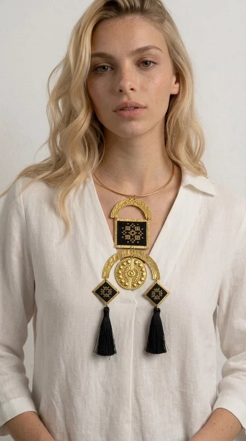 , A statement embroidered necklace that instantly catches the eye — featuring a bold geometric aesthetic, golden details and black tassels that sway gracefully with every step. Designed by Greek Jewelry Designer Aikaterini Chalkiadaki, this handmade necklace blends folklore inspiration with modern sophistication, creating a piece of jewelry that stands out at first glance.

The necklace features a rigid gold-toned brass collar from which geometric elements hang: semicircles, squares and diamond shapes with embroidered patterns on black fabric and gold details. Three black tassels complete the composition, adding movement and depth. The choice of materials — brass and fabric — makes it lightweight despite its impressive size.

Ideal for elevating a simple dress, a monochrome outfit, or even a business casual look. It suits both casual and formal occasions, from everyday wear to evening outings.