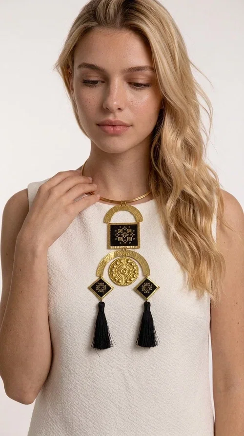 , A statement embroidered necklace that instantly catches the eye — featuring a bold geometric aesthetic, golden details and black tassels that sway gracefully with every step. Designed by Greek Jewelry Designer Aikaterini Chalkiadaki, this handmade necklace blends folklore inspiration with modern sophistication, creating a piece of jewelry that stands out at first glance.

The necklace features a rigid gold-toned brass collar from which geometric elements hang: semicircles, squares and diamond shapes with embroidered patterns on black fabric and gold details. Three black tassels complete the composition, adding movement and depth. The choice of materials — brass and fabric — makes it lightweight despite its impressive size.

Ideal for elevating a simple dress, a monochrome outfit, or even a business casual look. It suits both casual and formal occasions, from everyday wear to evening outings.