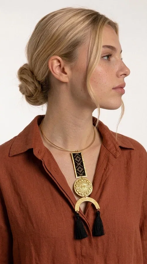 , A statement embroidered necklace that combines tradition with contemporary aesthetics — ideal for those who want to express themselves through their jewelry. Designed by Greek Jewelry Designer Aikaterini Chalkiadaki, this striking necklace is a tribute to folk art and craftsmanship, featuring geometric embroidered designs in deep black that evoke the Greek tradition of embroidery.

The necklace features a rectangular embroidered section with folklore geometric motifs, a gold-tone brass disc with an embossed sun design, a semicircular gold-tone element, and black tassels that add movement and character. It is mounted on a slim gold-tone choker-style chain, creating a silhouette that is both airy and dynamic.

Ideal for summer looks, evening outings, or travel, it pairs beautifully with simple necklines, boho dresses, or linen outfits. Made from brass and fabric, it is lightweight to wear and built to last.