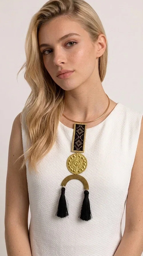 , The statement embroidered necklace with geometric patterns in black is a jewel that never goes unnoticed — bold, handmade, and full of character. Designed by Greek Jewelry Designer Aikaterini Chalkiadaki, it combines the traditional art of embroidery with a modern aesthetic, creating a piece with strong personality and Greek soul.

The design features a gold-tone brass torque collar, from which hangs a rectangular embroidered panel with black geometric motifs inspired by Greek folk tradition. This is followed by a striking embossed brass disc with a sun motif, and at the bottom, a semicircular element adorned with three black tassels, adding movement and femininity to the overall look.

Ideal for looks you want to stand out in — from casual outfits with a linen dress or a plain t-shirt to evening appearances. Black and gold blend harmoniously with almost any clothing color.