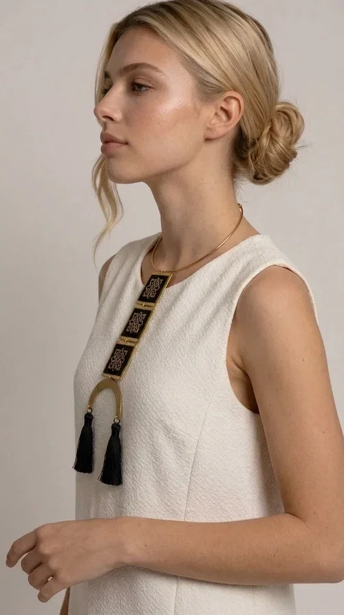 , A statement embroidered necklace that combines the traditional art of embroidery with a modern, striking aesthetic — ideal for those who love jewelry with character and history.

Designed by Greek Jewelry Designer Aikaterini Chalkiadaki, this necklace features three square embroidered elements with geometric patterns in black and gold, inspired by Greek folk tradition. The base of the necklace is a round, snug brass choker in gold tone, from which hangs a series of embroidered squares ending in a semicircular brass element with two striking black tassels. The result is a long, impressive necklace with a strong presence that elevates any outfit.

The geometric patterns of the embroidery evoke a folklore aesthetic, while the combination of fabric and brass gives the piece a unique texture and weight. Ideal for a white or monochrome outfit you want to highlight.