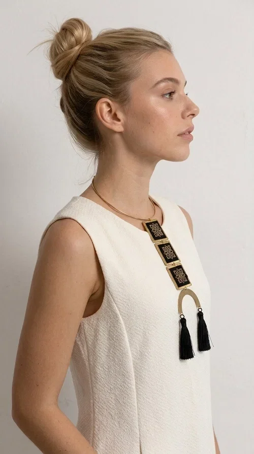 , A statement embroidered necklace that combines the traditional art of embroidery with a modern, striking aesthetic — ideal for those who love jewelry with character and history.

Designed by Greek Jewelry Designer Aikaterini Chalkiadaki, this necklace features three square embroidered elements with geometric patterns in black and gold, inspired by Greek folk tradition. The base of the necklace is a round, snug brass choker in gold tone, from which hangs a series of embroidered squares ending in a semicircular brass element with two striking black tassels. The result is a long, impressive necklace with a strong presence that elevates any outfit.

The geometric patterns of the embroidery evoke a folklore aesthetic, while the combination of fabric and brass gives the piece a unique texture and weight. Ideal for a white or monochrome outfit you want to highlight.