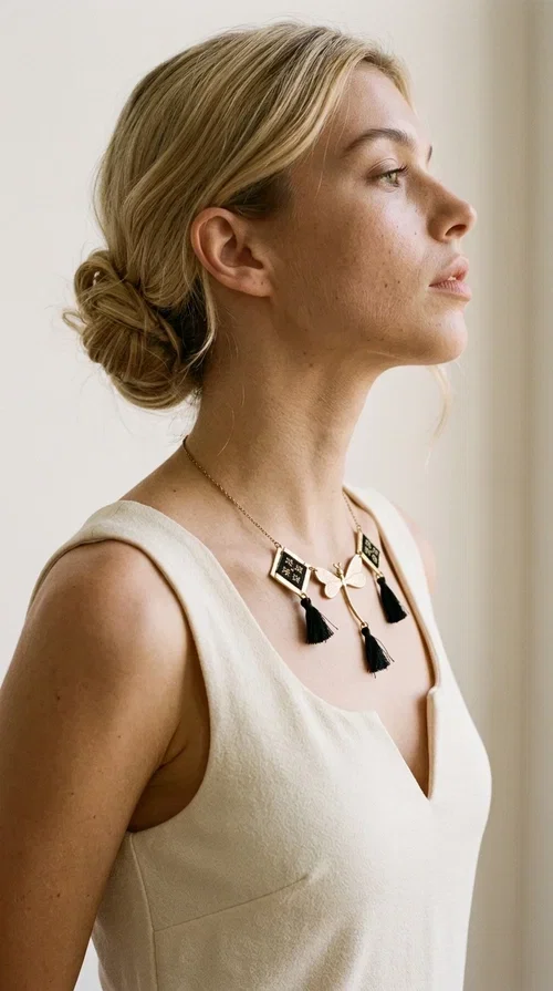 , A statement embroidered necklace that instantly catches the eye — the perfect piece for every woman who wants to express herself with style and personality. Designed by Greek Jewelry Designer Aikaterini Chalkiadaki, this unique necklace combines the traditional art of embroidery with a modern, striking result. Its geometric composition and bold black palette make it a timeless statement piece that truly stands out.

The necklace features three square brass motifs with black embroidered geometric patterns, inspired by folk aesthetics. At the center sits a striking gold-tone metal element shaped like a dragonfly or butterfly, while elegant black fabric tassels hang from each motif, adding movement and lightness. The chain is gold-toned brass, durable and lightweight to wear.

Ideal for daytime looks with white or monochrome outfits, as well as for evening occasions that call for character. It pairs perfectly with simple dresses, tailored outfits, and casual looks.