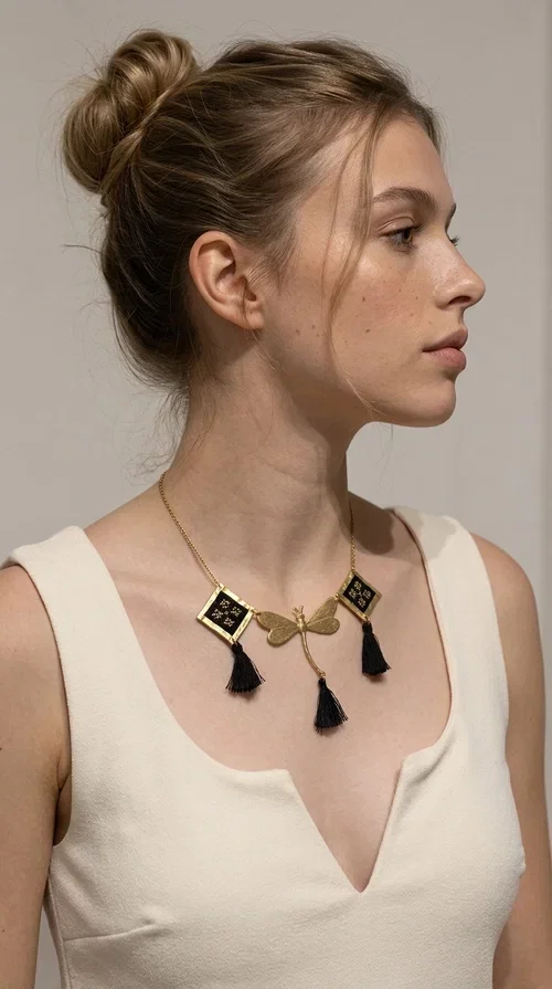 , A statement embroidered necklace that instantly catches the eye — the perfect piece for every woman who wants to express herself with style and personality. Designed by Greek Jewelry Designer Aikaterini Chalkiadaki, this unique necklace combines the traditional art of embroidery with a modern, striking result. Its geometric composition and bold black palette make it a timeless statement piece that truly stands out.

The necklace features three square brass motifs with black embroidered geometric patterns, inspired by folk aesthetics. At the center sits a striking gold-tone metal element shaped like a dragonfly or butterfly, while elegant black fabric tassels hang from each motif, adding movement and lightness. The chain is gold-toned brass, durable and lightweight to wear.

Ideal for daytime looks with white or monochrome outfits, as well as for evening occasions that call for character. It pairs perfectly with simple dresses, tailored outfits, and casual looks.