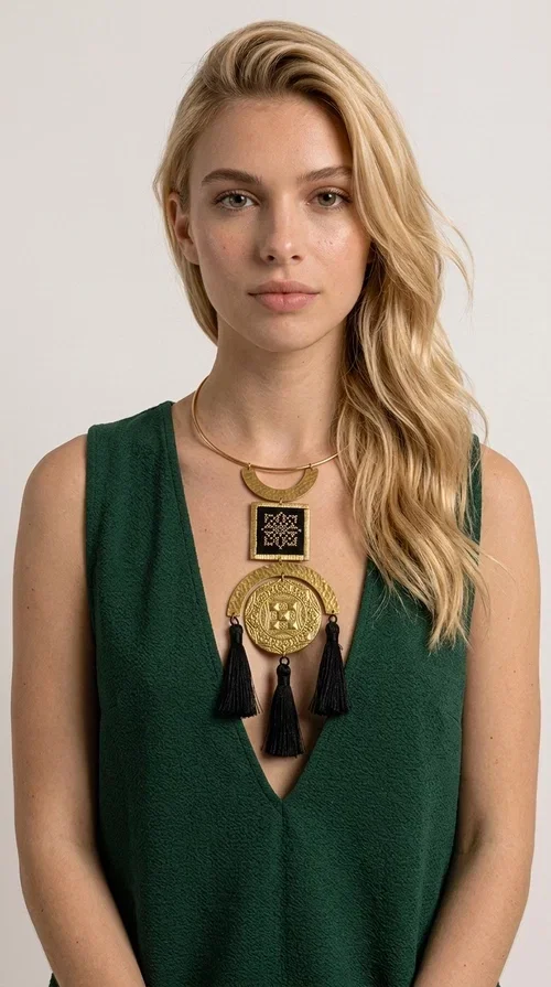 , A statement embroidered necklace that combines tradition with contemporary aesthetics — ideal for those seeking jewelry with character and history.

Designed by Greek Jewelry Designer Aikaterini Chalkiadaki, this striking handmade necklace draws inspiration from folk tradition and the geometric motifs of Greek embroidery. The composition features a hammered semicircular brass frame, an embroidered square section with a black cross-stitch geometric pattern, and an impressive engraved brass disc adorned with traditional relief motifs. At the bottom, four black fabric tassels add movement and depth to the overall design.

The necklace is worn like a torque — a brass hoop that fits comfortably around the neck without a clasp — making it exceptionally easy to wear. It pairs perfectly with minimal or boho outfits, while elevating even a simple monochrome look. Perfect for nights out, celebrations, and for those who want to express their personality in everyday life.