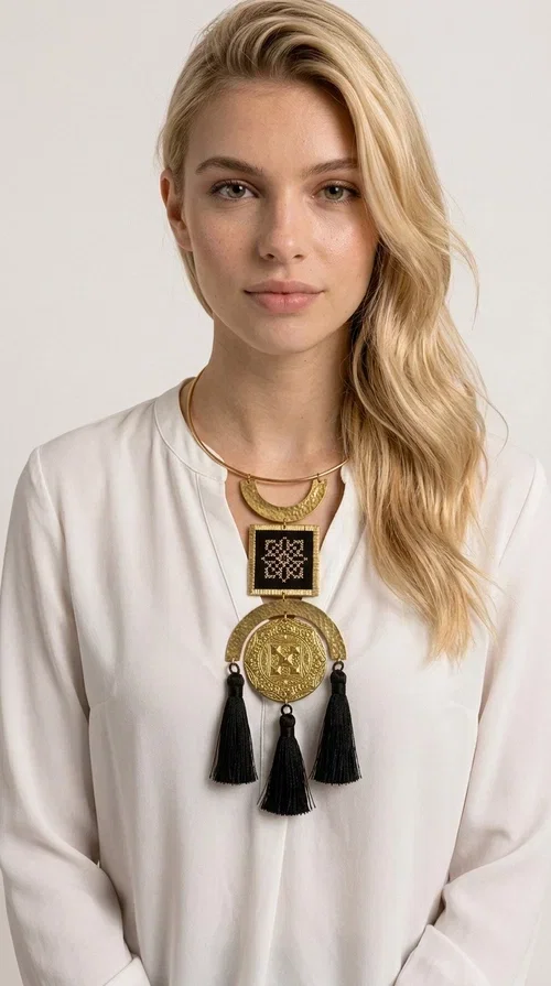 , A statement embroidered necklace that combines tradition with contemporary aesthetics — ideal for those seeking jewelry with character and history.

Designed by Greek Jewelry Designer Aikaterini Chalkiadaki, this striking handmade necklace draws inspiration from folk tradition and the geometric motifs of Greek embroidery. The composition features a hammered semicircular brass frame, an embroidered square section with a black cross-stitch geometric pattern, and an impressive engraved brass disc adorned with traditional relief motifs. At the bottom, four black fabric tassels add movement and depth to the overall design.

The necklace is worn like a torque — a brass hoop that fits comfortably around the neck without a clasp — making it exceptionally easy to wear. It pairs perfectly with minimal or boho outfits, while elevating even a simple monochrome look. Perfect for nights out, celebrations, and for those who want to express their personality in everyday life.