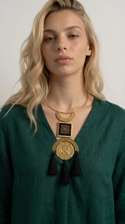 , A statement embroidered necklace that combines tradition with contemporary aesthetics — ideal for those seeking jewelry with character and history.

Designed by Greek Jewelry Designer Aikaterini Chalkiadaki, this striking handmade necklace draws inspiration from folk tradition and the geometric motifs of Greek embroidery. The composition features a hammered semicircular brass frame, an embroidered square section with a black cross-stitch geometric pattern, and an impressive engraved brass disc adorned with traditional relief motifs. At the bottom, four black fabric tassels add movement and depth to the overall design.

The necklace is worn like a torque — a brass hoop that fits comfortably around the neck without a clasp — making it exceptionally easy to wear. It pairs perfectly with minimal or boho outfits, while elevating even a simple monochrome look. Perfect for nights out, celebrations, and for those who want to express their personality in everyday life.