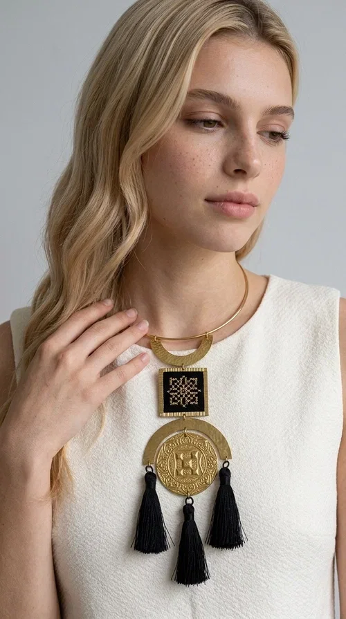 , A statement embroidered necklace that combines tradition with contemporary aesthetics — ideal for those seeking jewelry with character and history.

Designed by Greek Jewelry Designer Aikaterini Chalkiadaki, this striking handmade necklace draws inspiration from folk tradition and the geometric motifs of Greek embroidery. The composition features a hammered semicircular brass frame, an embroidered square section with a black cross-stitch geometric pattern, and an impressive engraved brass disc adorned with traditional relief motifs. At the bottom, four black fabric tassels add movement and depth to the overall design.

The necklace is worn like a torque — a brass hoop that fits comfortably around the neck without a clasp — making it exceptionally easy to wear. It pairs perfectly with minimal or boho outfits, while elevating even a simple monochrome look. Perfect for nights out, celebrations, and for those who want to express their personality in everyday life.