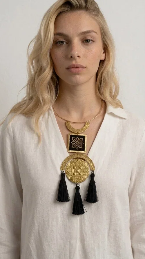 , A statement embroidered necklace that combines tradition with contemporary aesthetics — ideal for those seeking jewelry with character and history.

Designed by Greek Jewelry Designer Aikaterini Chalkiadaki, this striking handmade necklace draws inspiration from folk tradition and the geometric motifs of Greek embroidery. The composition features a hammered semicircular brass frame, an embroidered square section with a black cross-stitch geometric pattern, and an impressive engraved brass disc adorned with traditional relief motifs. At the bottom, four black fabric tassels add movement and depth to the overall design.

The necklace is worn like a torque — a brass hoop that fits comfortably around the neck without a clasp — making it exceptionally easy to wear. It pairs perfectly with minimal or boho outfits, while elevating even a simple monochrome look. Perfect for nights out, celebrations, and for those who want to express their personality in everyday life.