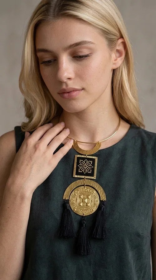 , A statement embroidered necklace that combines tradition with contemporary aesthetics — ideal for those seeking jewelry with character and history.

Designed by Greek Jewelry Designer Aikaterini Chalkiadaki, this striking handmade necklace draws inspiration from folk tradition and the geometric motifs of Greek embroidery. The composition features a hammered semicircular brass frame, an embroidered square section with a black cross-stitch geometric pattern, and an impressive engraved brass disc adorned with traditional relief motifs. At the bottom, four black fabric tassels add movement and depth to the overall design.

The necklace is worn like a torque — a brass hoop that fits comfortably around the neck without a clasp — making it exceptionally easy to wear. It pairs perfectly with minimal or boho outfits, while elevating even a simple monochrome look. Perfect for nights out, celebrations, and for those who want to express their personality in everyday life.