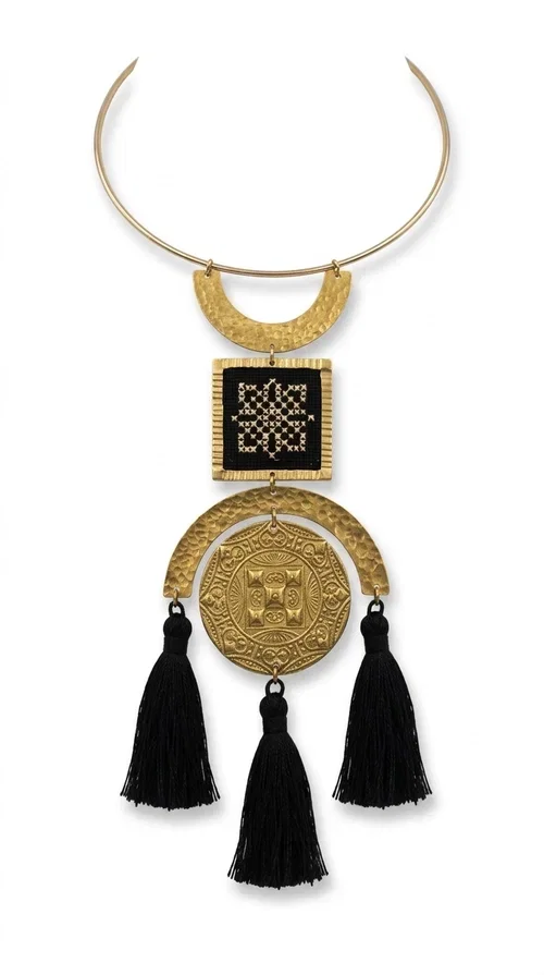 , A statement embroidered necklace that combines tradition with contemporary aesthetics — ideal for those seeking jewelry with character and history.

Designed by Greek Jewelry Designer Aikaterini Chalkiadaki, this striking handmade necklace draws inspiration from folk tradition and the geometric motifs of Greek embroidery. The composition features a hammered semicircular brass frame, an embroidered square section with a black cross-stitch geometric pattern, and an impressive engraved brass disc adorned with traditional relief motifs. At the bottom, four black fabric tassels add movement and depth to the overall design.

The necklace is worn like a torque — a brass hoop that fits comfortably around the neck without a clasp — making it exceptionally easy to wear. It pairs perfectly with minimal or boho outfits, while elevating even a simple monochrome look. Perfect for nights out, celebrations, and for those who want to express their personality in everyday life.