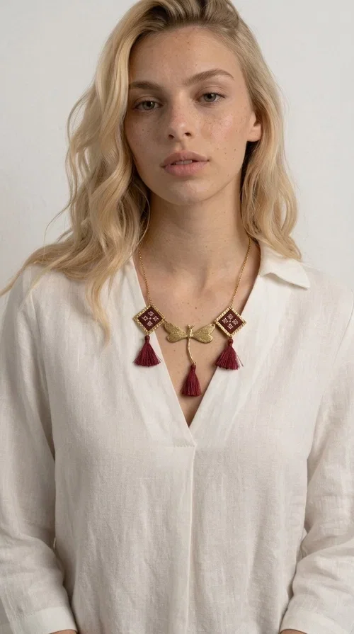 , The statement embroidered burgundy necklace is a jewel that instantly draws attention — featuring geometric patterns inspired by Greek folk art and a color palette that expresses richness and character. Designed by Greek Jewelry Designer Aikaterini Chalkiadaki, this handmade necklace combines gold-tone brass with embroidered fabric elements in deep burgundy, creating a result that balances between folk and contemporary style.

The necklace features two diamond-shaped pieces with embroidered geometric motifs, a central brass beetle-shaped link, and three burgundy tassels that add movement and drama to the overall look. The gold-tone brass chain completes the composition in an elegant, minimal way that lets the main elements shine. It is ideal as a statement piece for everyday looks as well as for evening occasions.

Wear it with a simple solid-colored shirt or dress to highlight its rich detail. It pairs exceptionally well with earthy tones, greens, and blacks.
