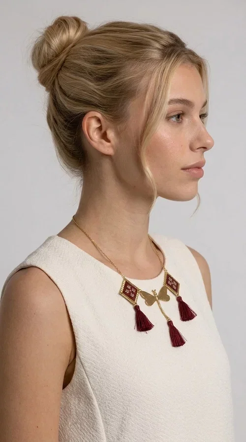 , The statement embroidered burgundy necklace is a jewel that instantly draws attention — featuring geometric patterns inspired by Greek folk art and a color palette that expresses richness and character. Designed by Greek Jewelry Designer Aikaterini Chalkiadaki, this handmade necklace combines gold-tone brass with embroidered fabric elements in deep burgundy, creating a result that balances between folk and contemporary style.

The necklace features two diamond-shaped pieces with embroidered geometric motifs, a central brass beetle-shaped link, and three burgundy tassels that add movement and drama to the overall look. The gold-tone brass chain completes the composition in an elegant, minimal way that lets the main elements shine. It is ideal as a statement piece for everyday looks as well as for evening occasions.

Wear it with a simple solid-colored shirt or dress to highlight its rich detail. It pairs exceptionally well with earthy tones, greens, and blacks.