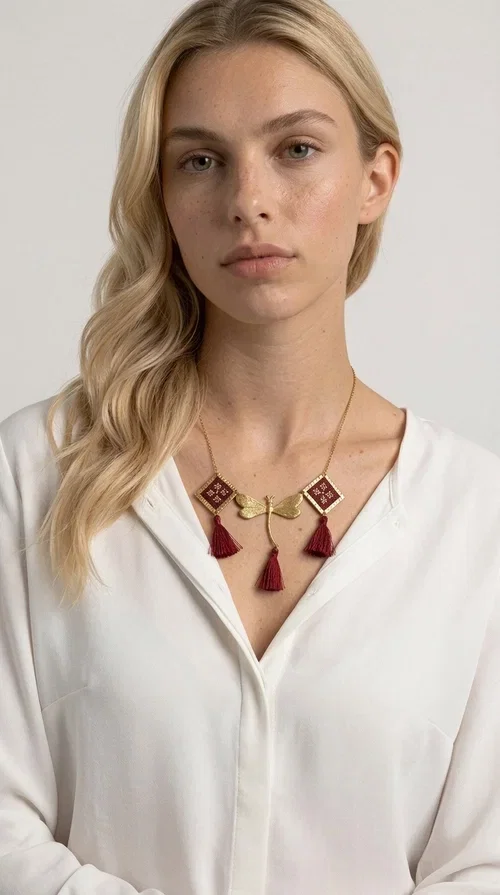 , The statement embroidered burgundy necklace is a jewel that instantly draws attention — featuring geometric patterns inspired by Greek folk art and a color palette that expresses richness and character. Designed by Greek Jewelry Designer Aikaterini Chalkiadaki, this handmade necklace combines gold-tone brass with embroidered fabric elements in deep burgundy, creating a result that balances between folk and contemporary style.

The necklace features two diamond-shaped pieces with embroidered geometric motifs, a central brass beetle-shaped link, and three burgundy tassels that add movement and drama to the overall look. The gold-tone brass chain completes the composition in an elegant, minimal way that lets the main elements shine. It is ideal as a statement piece for everyday looks as well as for evening occasions.

Wear it with a simple solid-colored shirt or dress to highlight its rich detail. It pairs exceptionally well with earthy tones, greens, and blacks.