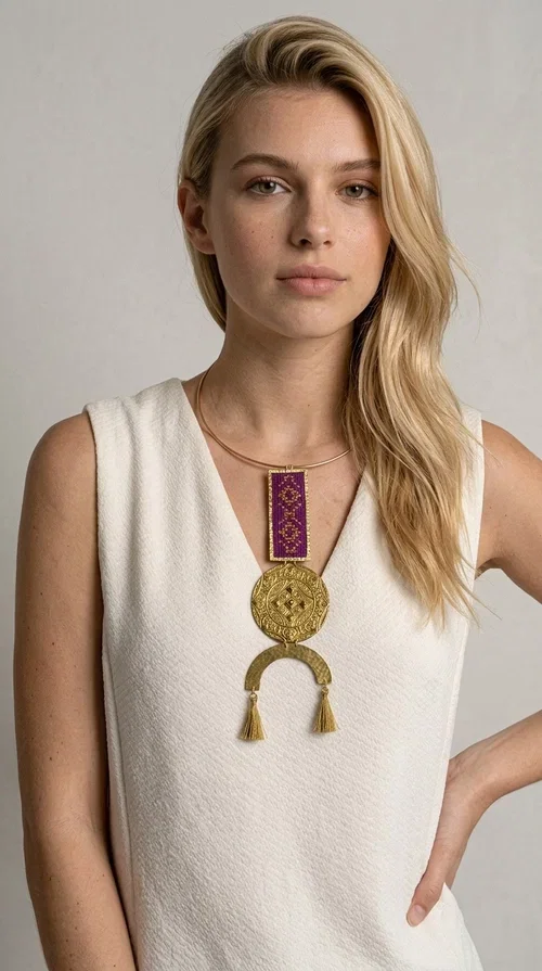 , This statement embroidered necklace combines tradition with modern aesthetics, creating a piece of jewelry that instantly draws attention. Designed by Greek Jewelry Designer Aikaterini Chalkiadaki, it is a handmade creation that exudes a strong folklore character with clever contemporary styling.

The necklace features a rectangular embroidered panel in deep burgundy with geometric patterns, connected to an impressive golden circular brass disc with embossed motifs. The composition is completed with a semicircular element adorned with golden tassels, adding movement and vibrancy. It comes with a slim gold rigid collar that fits comfortably around the neck.

Ideal for elevating a simple white shirt, a boho dress, or even a stylish evening outfit. It instantly adds character and personality to your look.