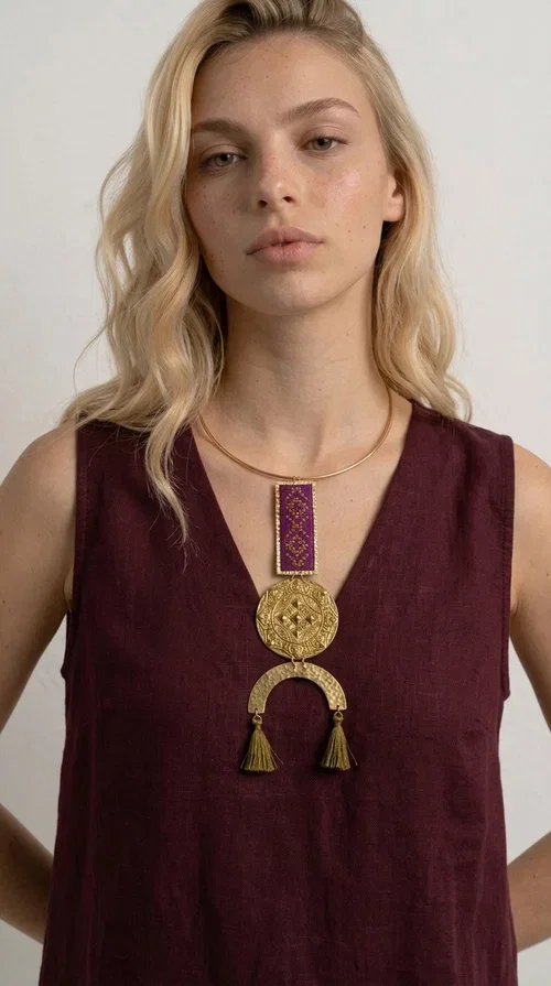 , This statement embroidered necklace combines tradition with modern aesthetics, creating a piece of jewelry that instantly draws attention. Designed by Greek Jewelry Designer Aikaterini Chalkiadaki, it is a handmade creation that exudes a strong folklore character with clever contemporary styling.

The necklace features a rectangular embroidered panel in deep burgundy with geometric patterns, connected to an impressive golden circular brass disc with embossed motifs. The composition is completed with a semicircular element adorned with golden tassels, adding movement and vibrancy. It comes with a slim gold rigid collar that fits comfortably around the neck.

Ideal for elevating a simple white shirt, a boho dress, or even a stylish evening outfit. It instantly adds character and personality to your look.