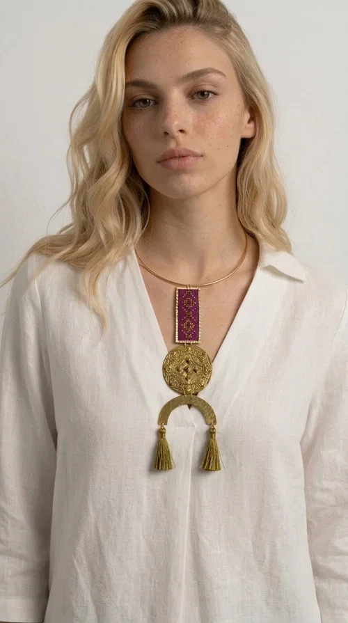 , This statement embroidered necklace combines tradition with modern aesthetics, creating a piece of jewelry that instantly draws attention. Designed by Greek Jewelry Designer Aikaterini Chalkiadaki, it is a handmade creation that exudes a strong folklore character with clever contemporary styling.

The necklace features a rectangular embroidered panel in deep burgundy with geometric patterns, connected to an impressive golden circular brass disc with embossed motifs. The composition is completed with a semicircular element adorned with golden tassels, adding movement and vibrancy. It comes with a slim gold rigid collar that fits comfortably around the neck.

Ideal for elevating a simple white shirt, a boho dress, or even a stylish evening outfit. It instantly adds character and personality to your look.