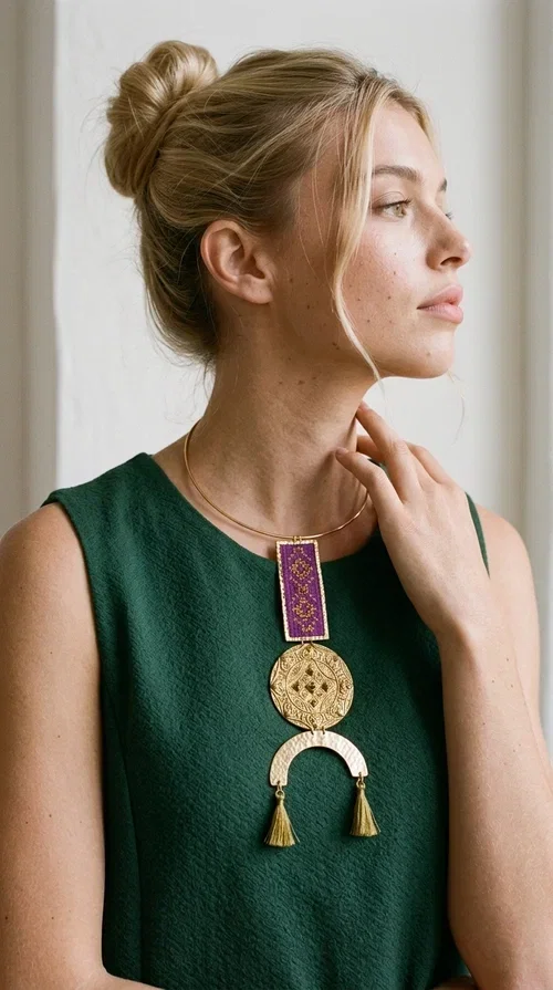 , This statement embroidered necklace combines tradition with modern aesthetics, creating a piece of jewelry that instantly draws attention. Designed by Greek Jewelry Designer Aikaterini Chalkiadaki, it is a handmade creation that exudes a strong folklore character with clever contemporary styling.

The necklace features a rectangular embroidered panel in deep burgundy with geometric patterns, connected to an impressive golden circular brass disc with embossed motifs. The composition is completed with a semicircular element adorned with golden tassels, adding movement and vibrancy. It comes with a slim gold rigid collar that fits comfortably around the neck.

Ideal for elevating a simple white shirt, a boho dress, or even a stylish evening outfit. It instantly adds character and personality to your look.