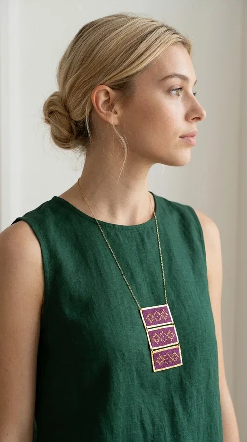 , The embroidered necklace in deep burgundy is a statement piece that instantly draws attention and transforms any outfit into something special. Designed by Greek Jewelry Designer Aikaterini Chalkiadaki, this handmade necklace combines the tradition of Greek embroidery art with a contemporary aesthetic, creating a result that is both timeless and unique.

The necklace features three rectangular fabric sections in rich burgundy, each adorned with delicate geometric patterns in gold thread — inspired by the folk tradition of Greek embroidery. The gold-toned brass frame enhances its striking presence, while the slender gold chain lends an elegant balance between bold and feminine.

Ideal for both casual and formal occasions alike, it pairs perfectly with a white t-shirt, a black dress, or even an office outfit. A perfect gift for women who love large, striking jewelry with soul and story.