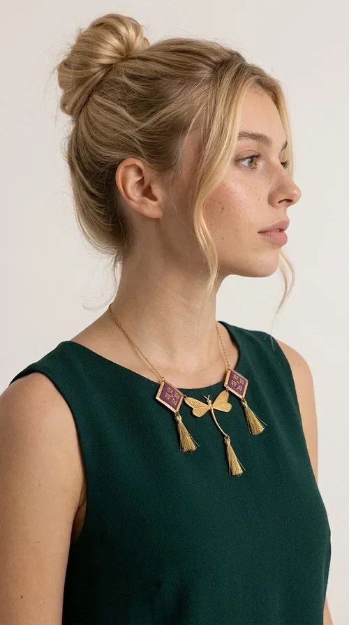 , A statement embroidered necklace that combines the traditional art of embroidery with modern aesthetics — ideal for every woman who wants to express herself with style and originality. Designed by Greek Jewelry Designer Aikaterini Chalkiadaki, this handmade necklace is a true piece of wearable art, inspired by folk heritage and the geometric motifs of Greek tradition.

The necklace features two embroidered square elements in deep burgundy color with gold geometric patterns, joined by a central gold butterfly-shaped motif made of brass. Three gold tassels hang lightly, adding movement and charm to the whole. The gold-tone brass chain completes the elegant, striking look.

It pairs perfectly over simple, solid-colored outfits — such as a blue v-neck top — instantly adding character to your look. Suitable for daytime appearances, nights out, and as a unique gift for women who love striking, feminine jewelry.