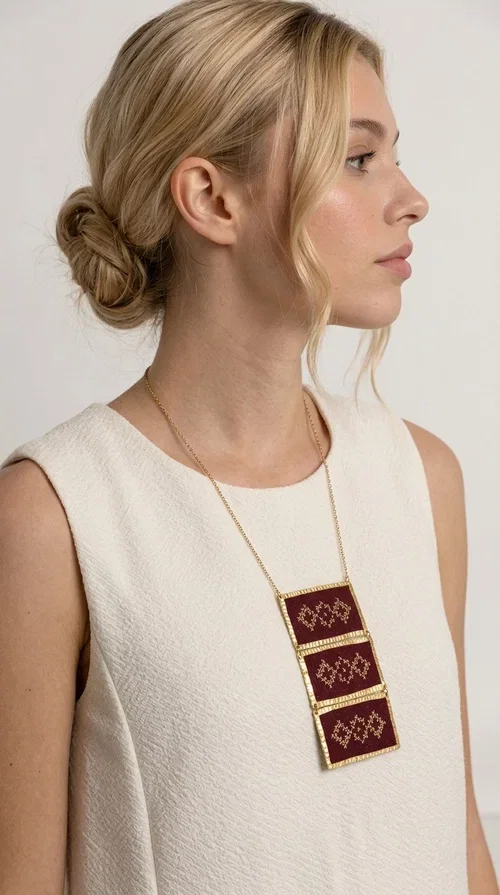, The statement embroidered necklace in burgundy with geometric patterns is a piece of jewelry that combines the traditional art of embroidery with a modern aesthetic, creating a result that immediately catches the eye. Designed by Greek Jewelry Designer Aikaterini Chalkiadaki, this striking necklace draws inspiration from folk tradition and the geometric motifs that characterize Greek handicraft. The deep burgundy color of the fabric, combined with gold brass, creates a rich, warm palette that suits every skin tone.

The necklace consists of three rectangular embroidered sections, placed one below the other and framed with gold brass featuring a textured finish. Each section showcases handmade embroidery with repeating geometric patterns in a folklore style, reminiscent of traditional Greek embroidery. The result is a long necklace with distinctive character, ideal for elevating a simple outfit or completing a boho-chic look.