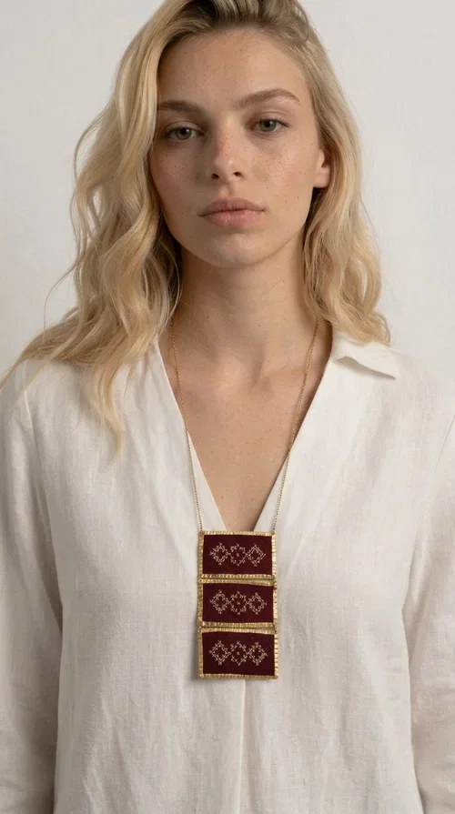 , The statement embroidered necklace in burgundy with geometric patterns is a piece of jewelry that combines the traditional art of embroidery with a modern aesthetic, creating a result that immediately catches the eye. Designed by Greek Jewelry Designer Aikaterini Chalkiadaki, this striking necklace draws inspiration from folk tradition and the geometric motifs that characterize Greek handicraft. The deep burgundy color of the fabric, combined with gold brass, creates a rich, warm palette that suits every skin tone.

The necklace consists of three rectangular embroidered sections, placed one below the other and framed with gold brass featuring a textured finish. Each section showcases handmade embroidery with repeating geometric patterns in a folklore style, reminiscent of traditional Greek embroidery. The result is a long necklace with distinctive character, ideal for elevating a simple outfit or completing a boho-chic look.