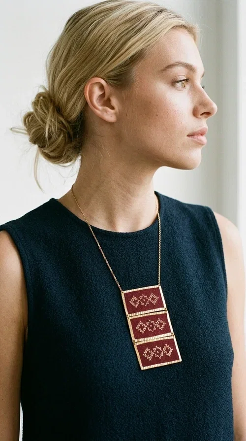 , The statement embroidered necklace in burgundy with geometric patterns is a piece of jewelry that combines the traditional art of embroidery with a modern aesthetic, creating a result that immediately catches the eye. Designed by Greek Jewelry Designer Aikaterini Chalkiadaki, this striking necklace draws inspiration from folk tradition and the geometric motifs that characterize Greek handicraft. The deep burgundy color of the fabric, combined with gold brass, creates a rich, warm palette that suits every skin tone.

The necklace consists of three rectangular embroidered sections, placed one below the other and framed with gold brass featuring a textured finish. Each section showcases handmade embroidery with repeating geometric patterns in a folklore style, reminiscent of traditional Greek embroidery. The result is a long necklace with distinctive character, ideal for elevating a simple outfit or completing a boho-chic look.