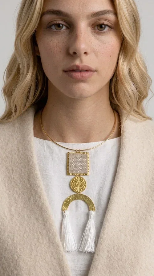 , A statement embroidered necklace that combines folk aesthetics with modern elegance — the ideal piece for those who love style with character.

Designed by Greek Jewelry Designer Aikaterini Chalkiadaki, this handmade necklace consists of three main elements: a rectangular embroidered pendant with geometric patterns in cream tones, a gold circular disc with embossed decoration, and a semicircular gold base adorned with white fabric fringes. The necklace is worn on a gold stainless steel omega chain that fits comfortably around the neck, adding balance to the striking pendant.

The materials used — brass and fabric — create a unique result that resembles a work of art. The geometric embroidered patterns are reminiscent of traditional Greek techniques, while the overall composition has a distinctly contemporary character. Ideal for casual chic looks as well as evening outings, it pairs perfectly with a white t-shirt, an oversized jacket, or a simple dress.
