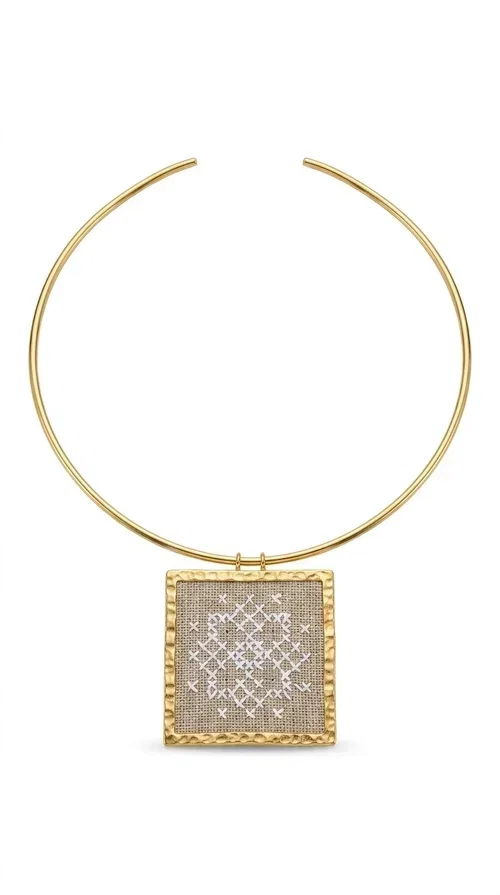 , An embroidered statement necklace that blends craftsmanship with contemporary aesthetics—ideal for those seeking jewelry with character and uniqueness.

Designed by Greek jewelry designer Aikaterini Chalkiadaki, this striking necklace features a square embroidered pendant in a cream hue, adorned with delicate geometric patterns that evoke the traditions of Greek folk art. The pendant rests on a gold-toned brass collar, giving the overall piece a structured, modern silhouette that pairs equally well with casual and formal attire.

The fabric's weave is dense and meticulous, featuring textured embroidered motifs that create a folklore-inspired aesthetic. The gold-toned brass frame encases the pendant with geometric precision, highlighting the handcrafted finesse of every detail.