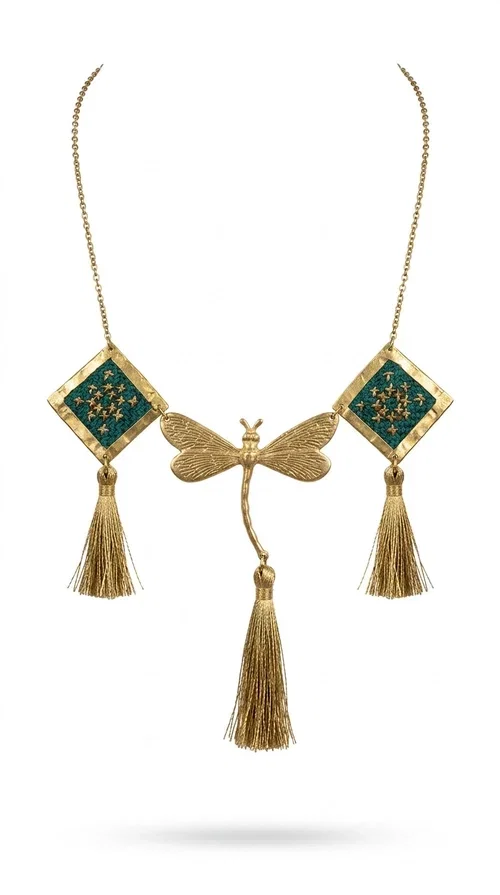 , A statement embroidered necklace that doesn't go unnoticed — featuring geometric patterns inspired by Greek tradition and a contemporary aesthetic that suits every strong feminine presence.

Designed by Greek Jewelry Designer Aikaterini Chalkiadaki, this handmade necklace combines brass and fabric in a composition strongly reminiscent of traditional folk embroidery art. Two diamond shapes of green embroidered fabric with gold geometric motifs frame a gold dragonfly at the center, while three gold tassels add movement and grace to the overall design. The result is a piece of jewelry with a deeply folklore aesthetic and, at the same time, a distinctly modern character.

Ideal for women who love striking jewelry that tells a story. It pairs perfectly with simple, monochrome looks — such as a white or cream shirt — highlighting its color and patterns. Suitable for both daytime and evening looks, receptions, weddings, or trips where you want to stand out.